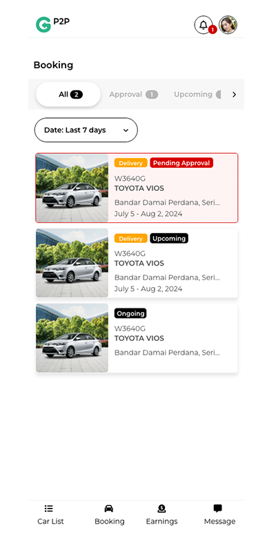 GoCar HostHub mobile app interface showing host dashboard and car management